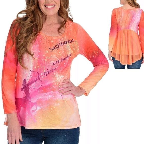 One World Brushed Knit Tunic Top Small Sagittarius Zodiac Astrology Mesh Hi Low - Picture 1 of 13